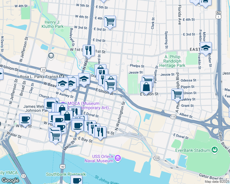map of restaurants, bars, coffee shops, grocery stores, and more near 806 North Liberty Street in Jacksonville