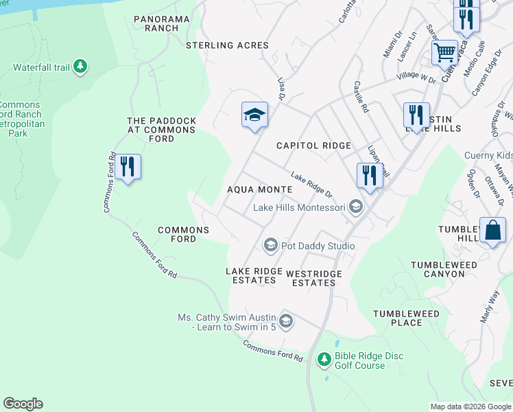 map of restaurants, bars, coffee shops, grocery stores, and more near 305 Eagle Lookout Drive in Austin