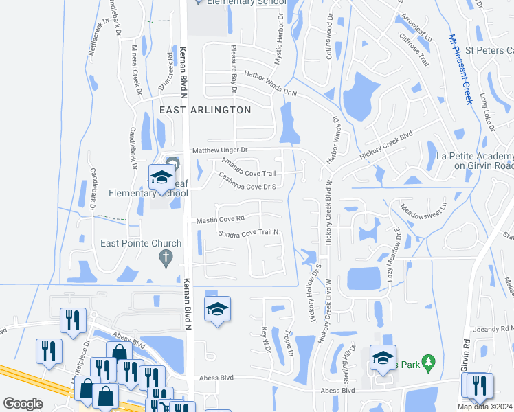 map of restaurants, bars, coffee shops, grocery stores, and more near 364 Full Moon Trail in Jacksonville