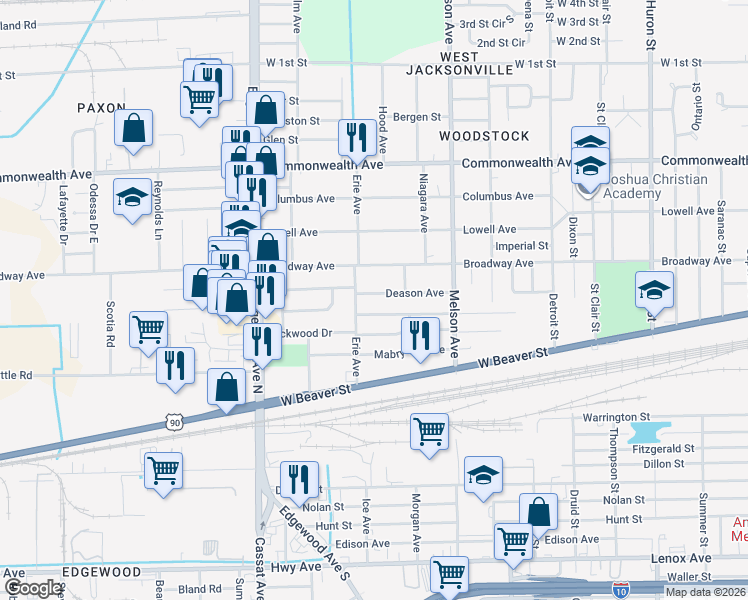 map of restaurants, bars, coffee shops, grocery stores, and more near 3350 Deason Avenue in Jacksonville