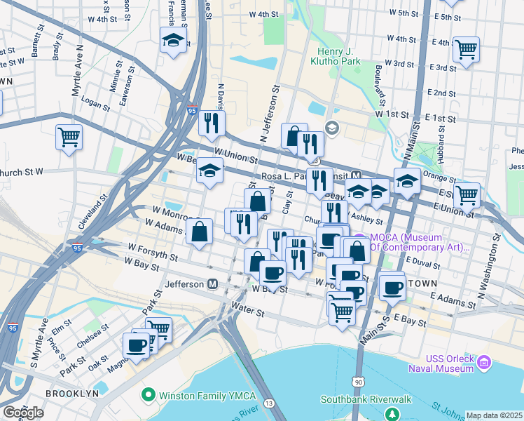 map of restaurants, bars, coffee shops, grocery stores, and more near 420 Broad Street in Jacksonville