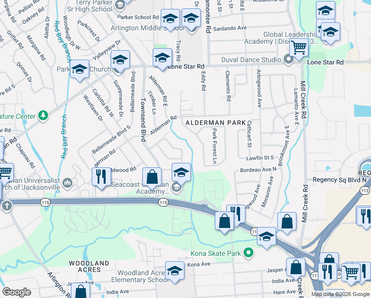 map of restaurants, bars, coffee shops, grocery stores, and more near 955 Carlotta Road South in Jacksonville
