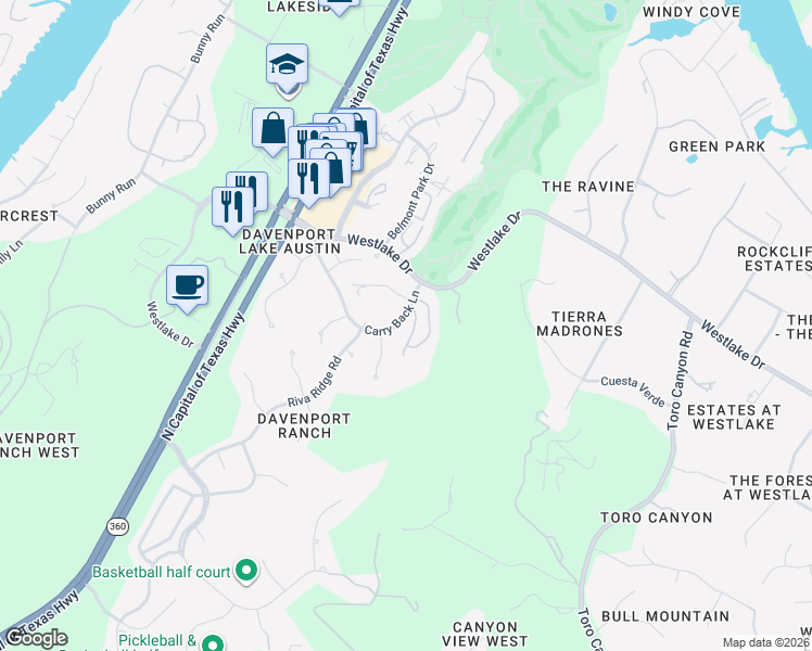 map of restaurants, bars, coffee shops, grocery stores, and more near 5707 Carry Back Lane in Austin