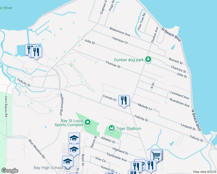 map of restaurants, bars, coffee shops, grocery stores, and more near 246 Pine Driveway in Bay St. Louis