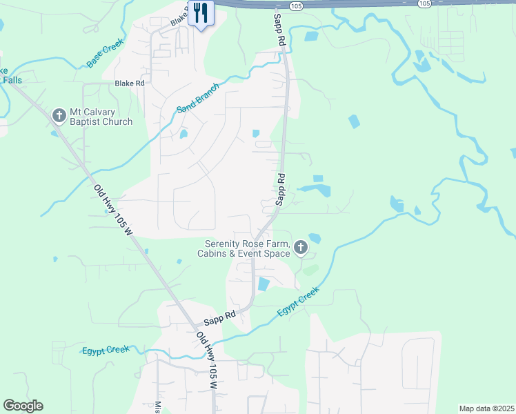 map of restaurants, bars, coffee shops, grocery stores, and more near 3850 Sapp Road in Conroe