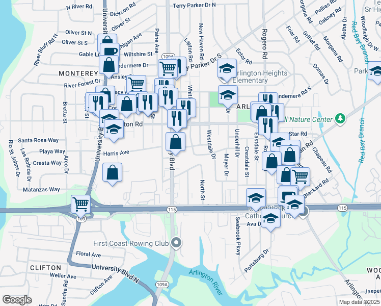map of restaurants, bars, coffee shops, grocery stores, and more near 1108 Whitlock Avenue in Jacksonville