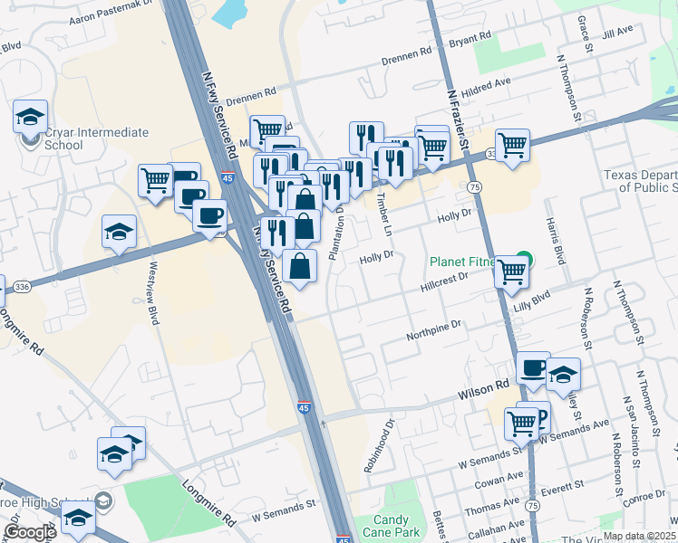map of restaurants, bars, coffee shops, grocery stores, and more near 2020 Plantation Drive in Conroe