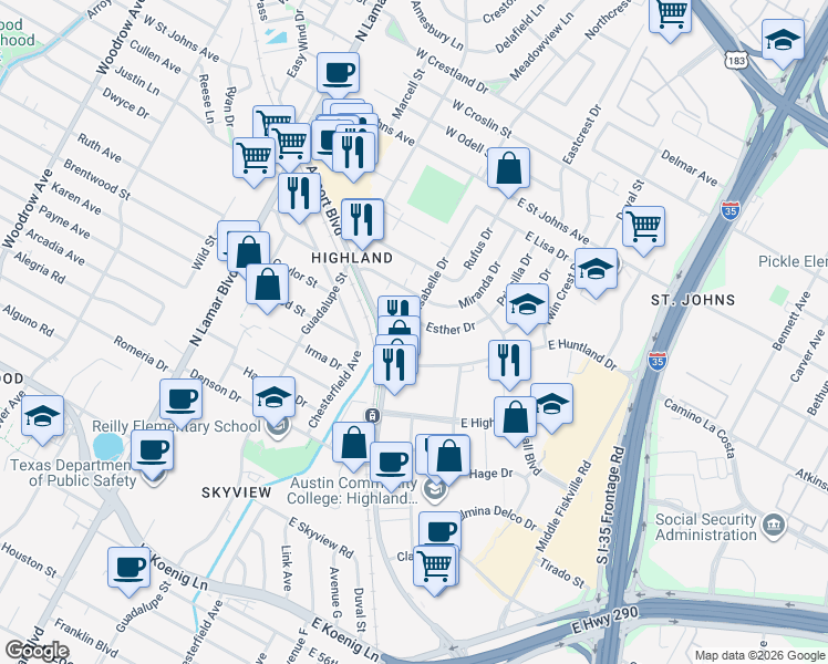 map of restaurants, bars, coffee shops, grocery stores, and more near 6627 Isabelle Drive in Austin