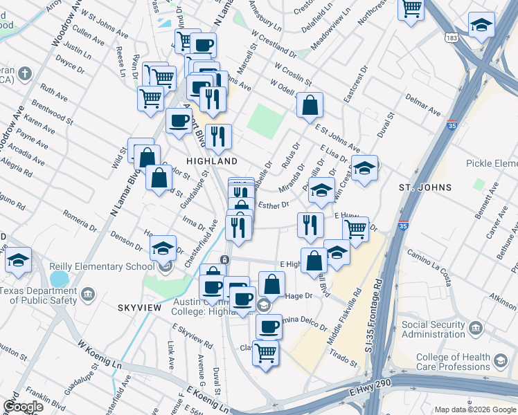 map of restaurants, bars, coffee shops, grocery stores, and more near 6705 Esther Drive in Austin