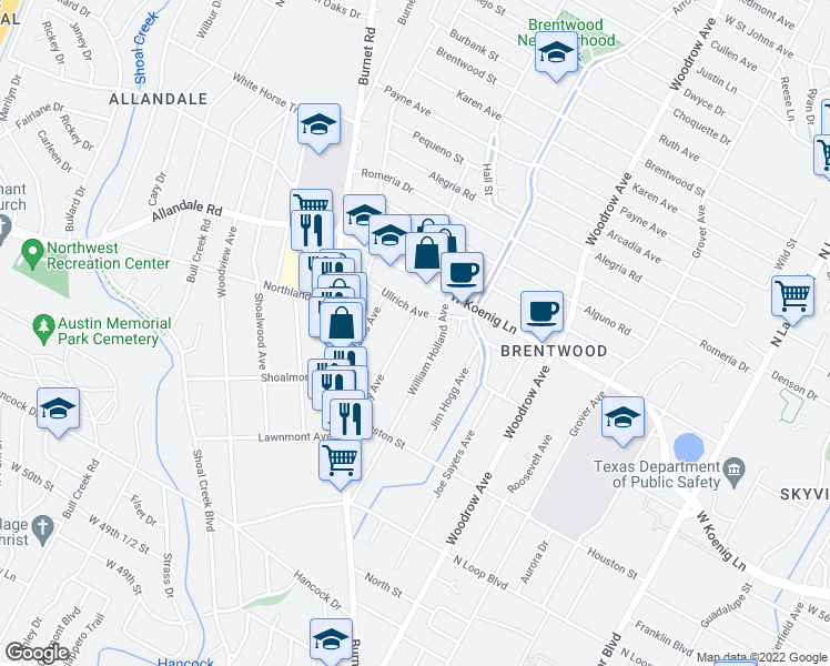 map of restaurants, bars, coffee shops, grocery stores, and more near 5705 Clay Avenue in Austin