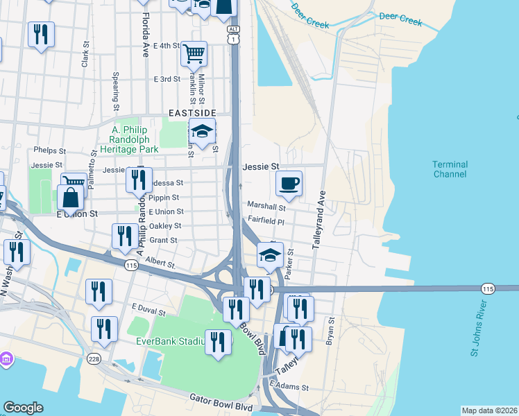 map of restaurants, bars, coffee shops, grocery stores, and more near 1574 Marshall Street in Jacksonville