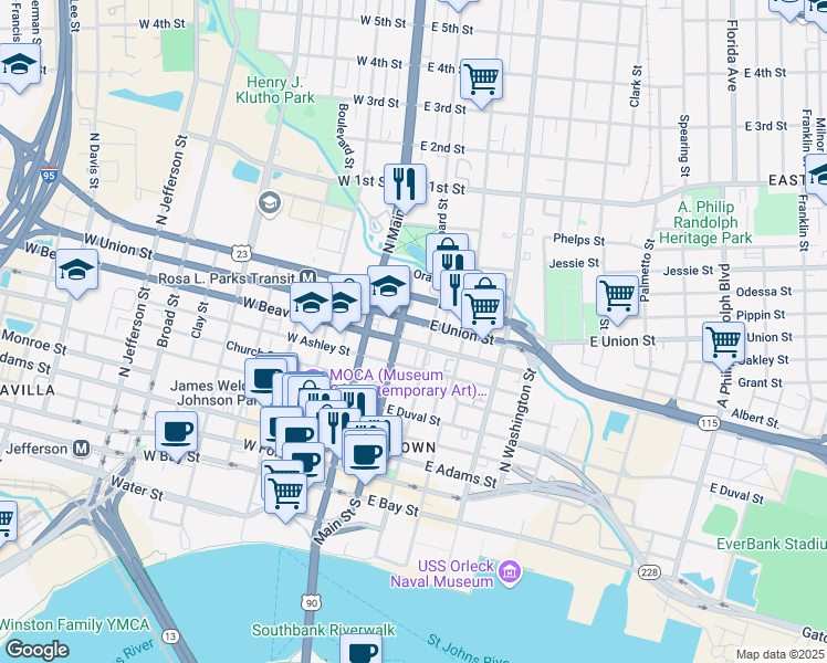 map of restaurants, bars, coffee shops, grocery stores, and more near in Jacksonville