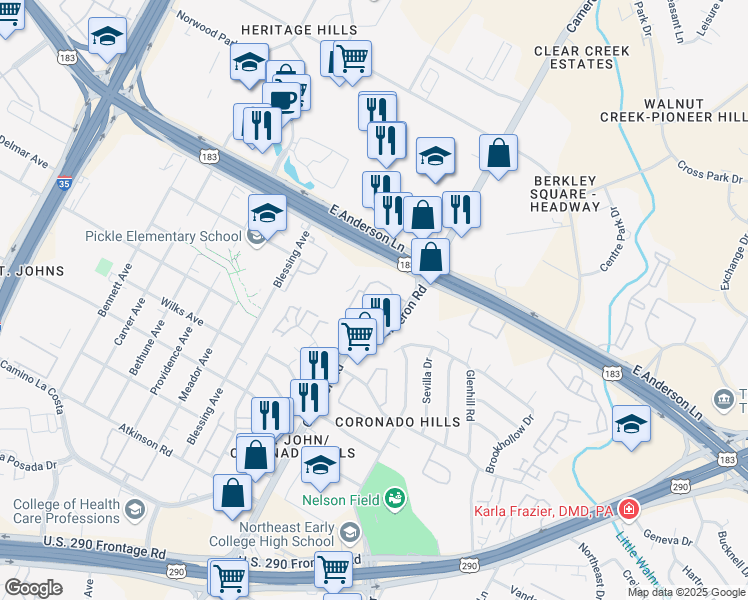 map of restaurants, bars, coffee shops, grocery stores, and more near 7610 Cameron Road in Austin