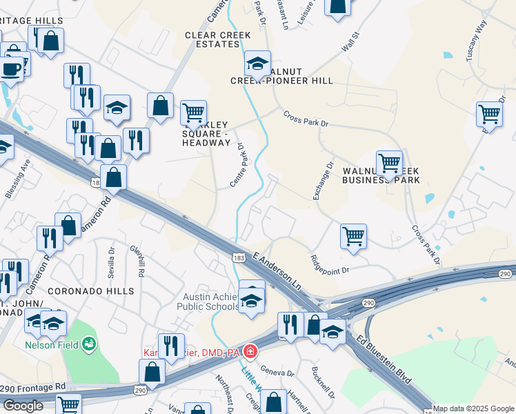 map of restaurants, bars, coffee shops, grocery stores, and more near 2104 East Anderson Lane in Austin
