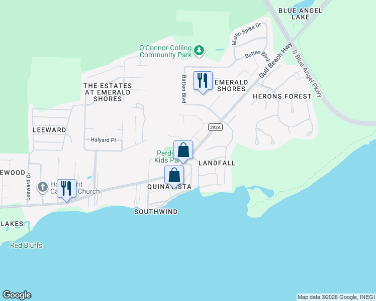 map of restaurants, bars, coffee shops, grocery stores, and more near 10001 Pandion Trail in Pensacola