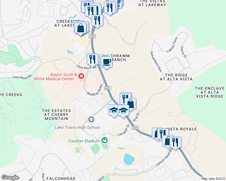 map of restaurants, bars, coffee shops, grocery stores, and more near 3207 Ranch Road 620 South in Austin