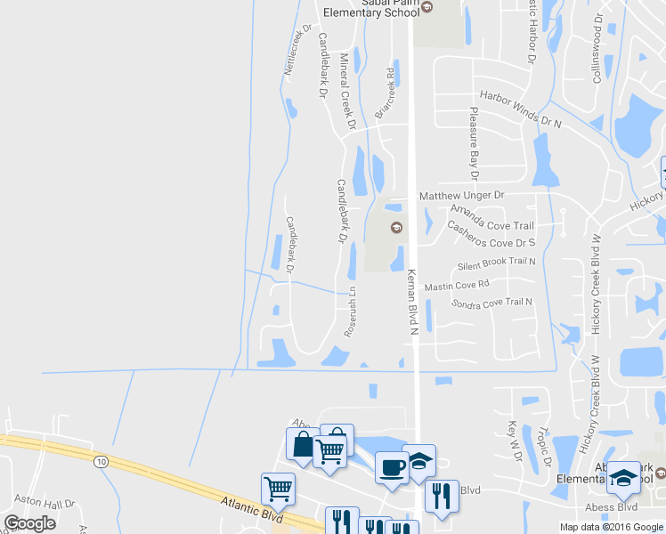 map of restaurants, bars, coffee shops, grocery stores, and more near 592 Candlebark Drive in Jacksonville