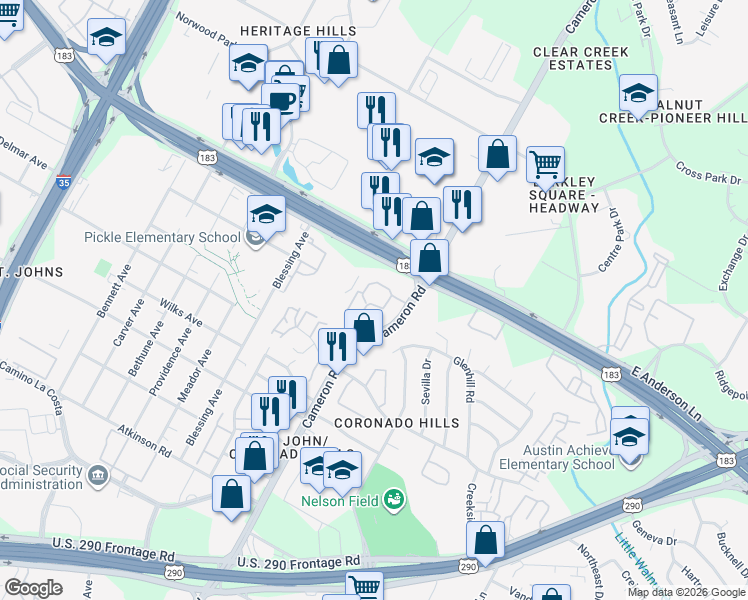 map of restaurants, bars, coffee shops, grocery stores, and more near 7610 Cameron Road in Austin