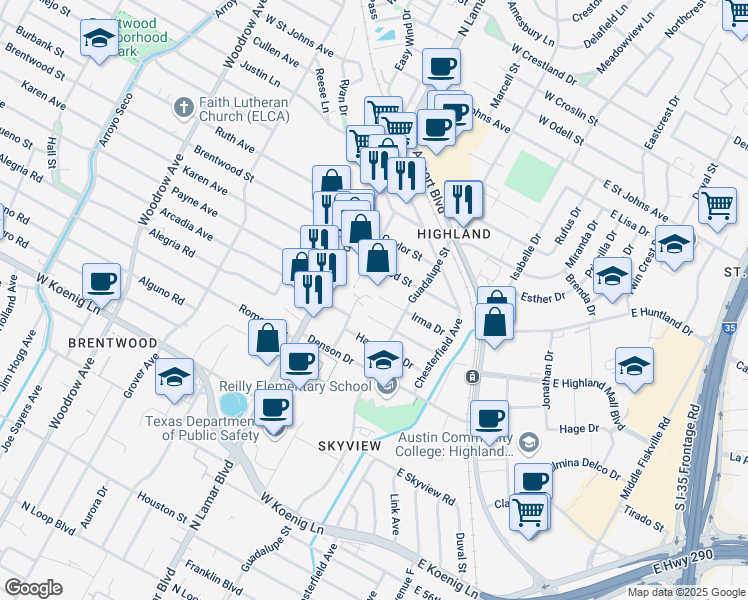 map of restaurants, bars, coffee shops, grocery stores, and more near 615 Irma Drive in Austin