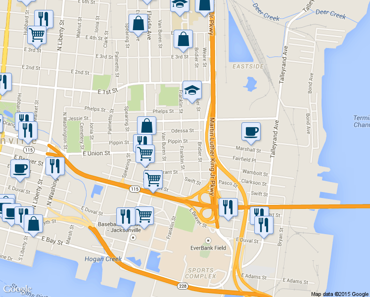 map of restaurants, bars, coffee shops, grocery stores, and more near 807 Franklin St in Jacksonville