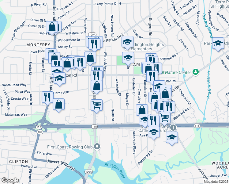 map of restaurants, bars, coffee shops, grocery stores, and more near 6227 Pinelock Drive in Jacksonville