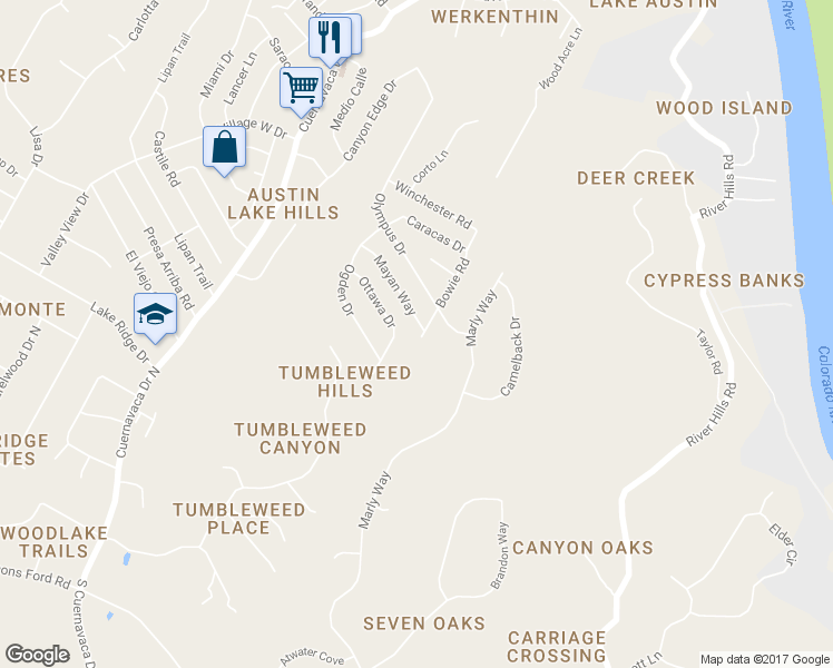 map of restaurants, bars, coffee shops, grocery stores, and more near 1102 Bowie Road in Austin