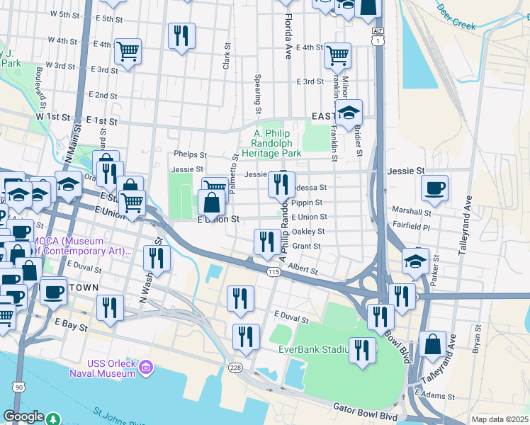 map of restaurants, bars, coffee shops, grocery stores, and more near 903 East Union Street in Jacksonville
