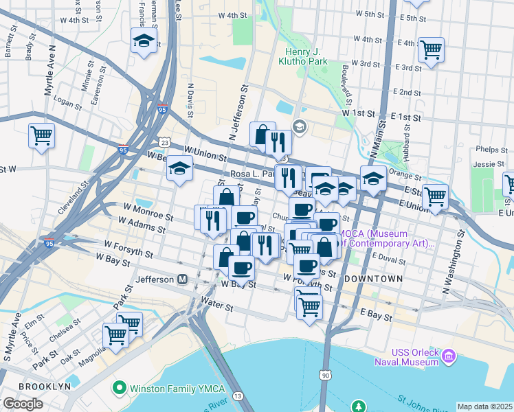 map of restaurants, bars, coffee shops, grocery stores, and more near 507 Clay Street in Jacksonville