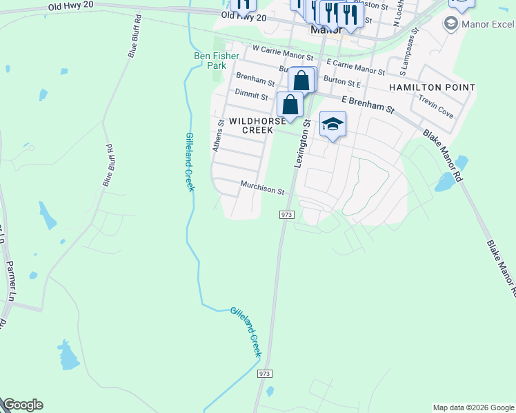 map of restaurants, bars, coffee shops, grocery stores, and more near 11811 Bastrop Street in Manor