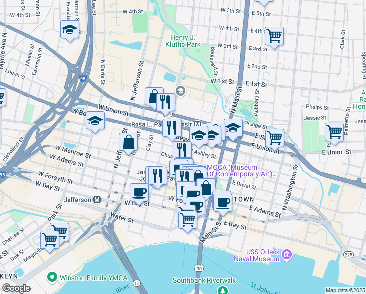 map of restaurants, bars, coffee shops, grocery stores, and more near 225 W Ashley St in Jacksonville