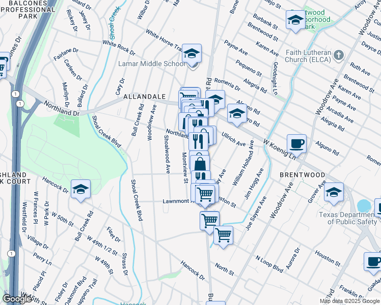 map of restaurants, bars, coffee shops, grocery stores, and more near 5601 Montview Street in Austin