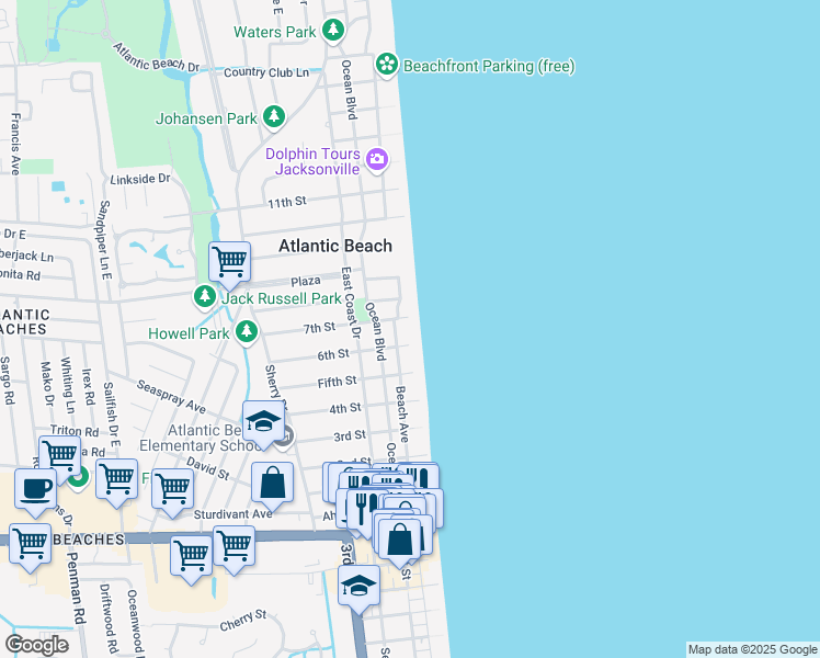 map of restaurants, bars, coffee shops, grocery stores, and more near 659 Beach Avenue in Atlantic Beach