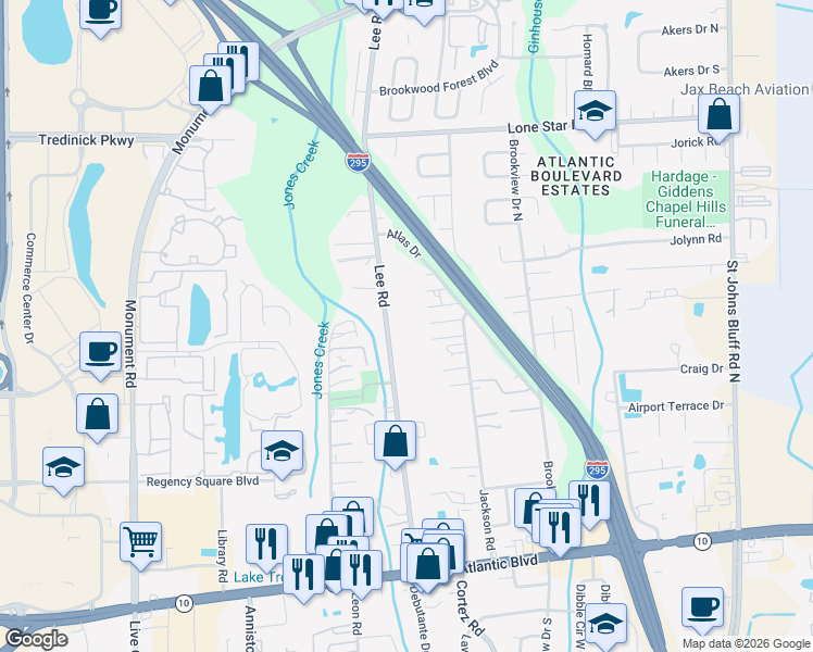map of restaurants, bars, coffee shops, grocery stores, and more near 10100 Pontiac Drive in Jacksonville