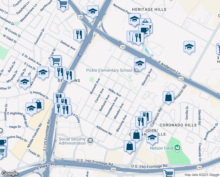 map of restaurants, bars, coffee shops, grocery stores, and more near 1008 Wilks Avenue in Austin
