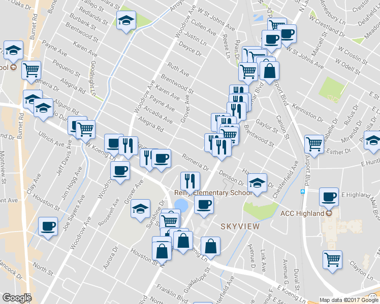 map of restaurants, bars, coffee shops, grocery stores, and more near 1004 Romeria Drive in Austin