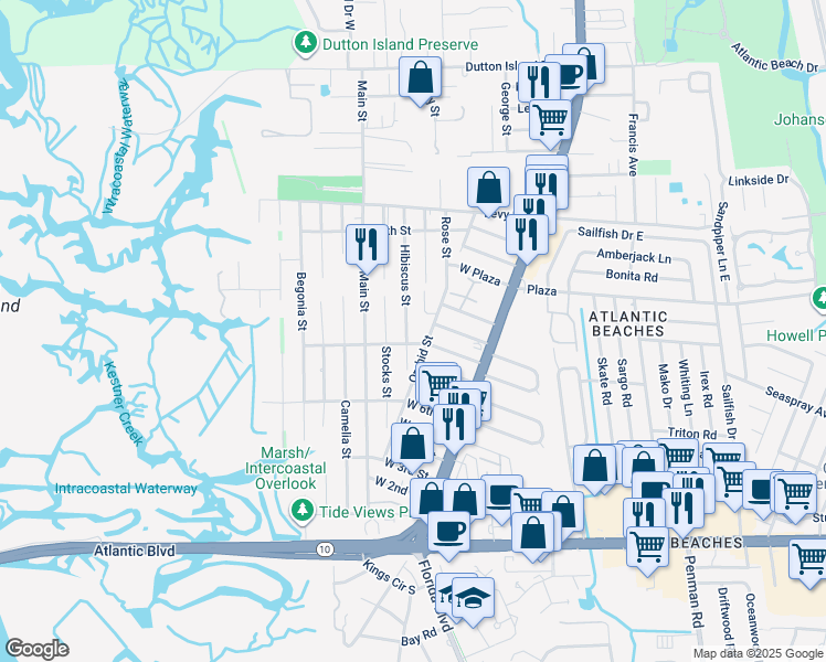 map of restaurants, bars, coffee shops, grocery stores, and more near 951 Hibiscus Street in Atlantic Beach