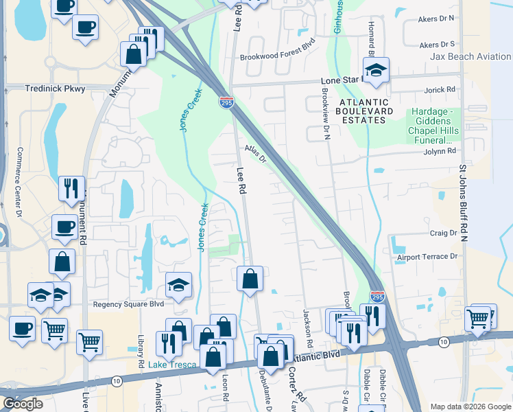 map of restaurants, bars, coffee shops, grocery stores, and more near 10100 Pontiac Drive in Jacksonville