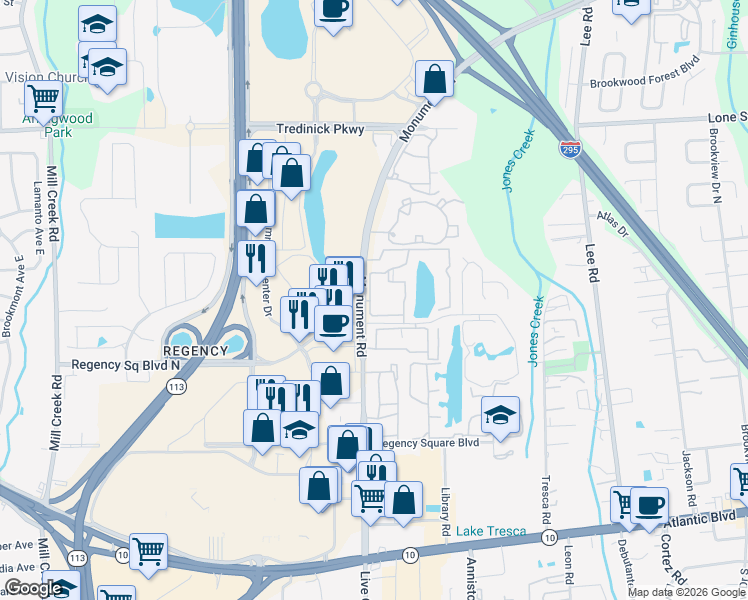 map of restaurants, bars, coffee shops, grocery stores, and more near 445-4 Regency Square Ap in Jacksonville