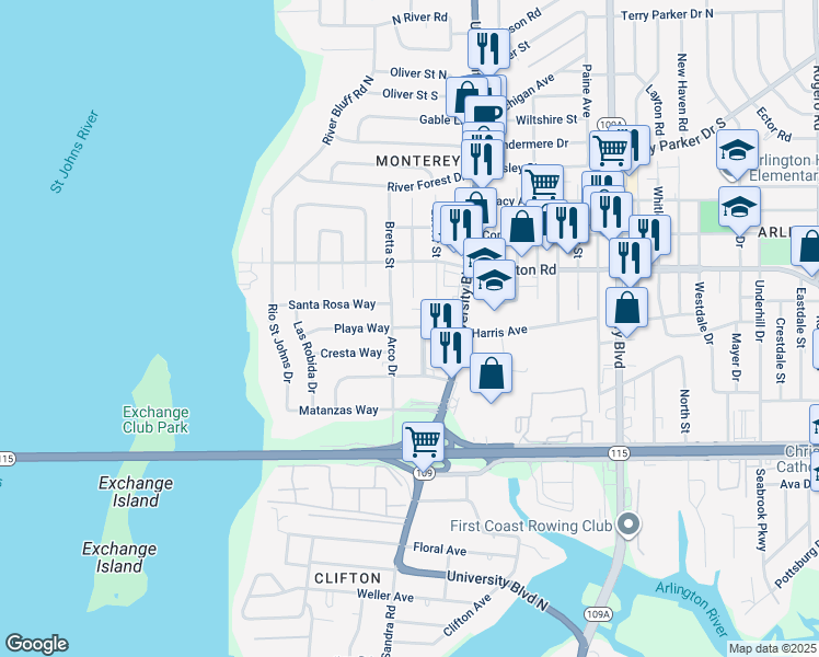 map of restaurants, bars, coffee shops, grocery stores, and more near 5548 Playa Way in Jacksonville