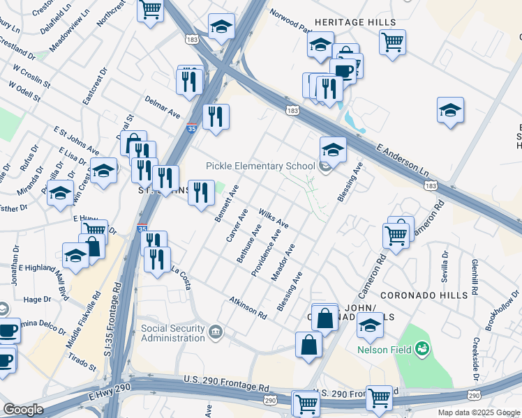map of restaurants, bars, coffee shops, grocery stores, and more near 1008 Wilks Avenue in Austin