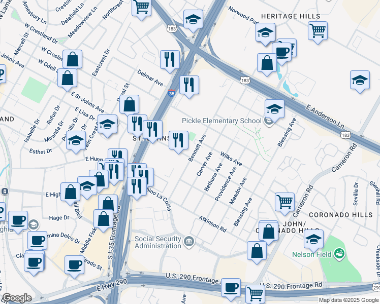 map of restaurants, bars, coffee shops, grocery stores, and more near 907 East Saint Johns Avenue in Austin