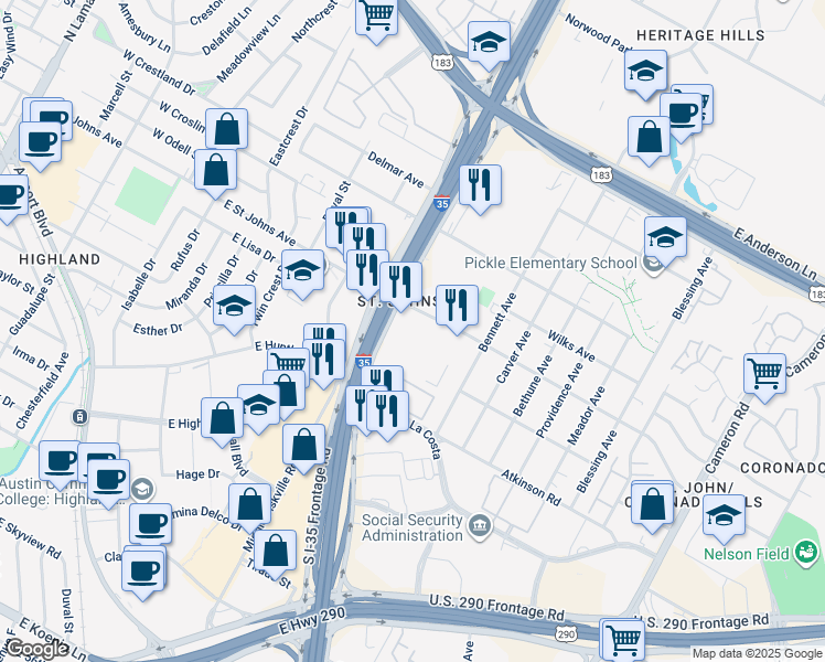 map of restaurants, bars, coffee shops, grocery stores, and more near 901 East Saint Johns Avenue in Austin
