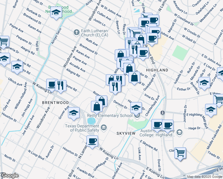 map of restaurants, bars, coffee shops, grocery stores, and more near 6310 North Lamar Boulevard in Austin