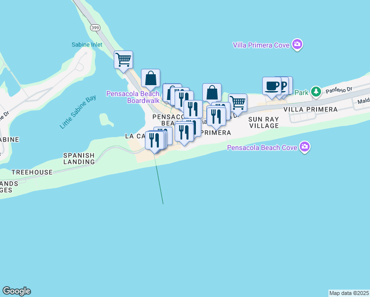 map of restaurants, bars, coffee shops, grocery stores, and more near 4 Casino Beach Boardwalk in Pensacola Beach