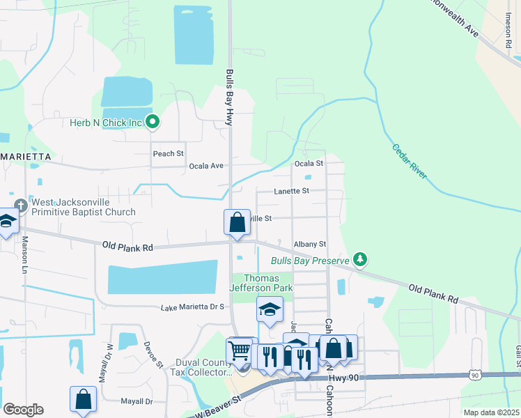 map of restaurants, bars, coffee shops, grocery stores, and more near 619 Wasson Avenue in Jacksonville