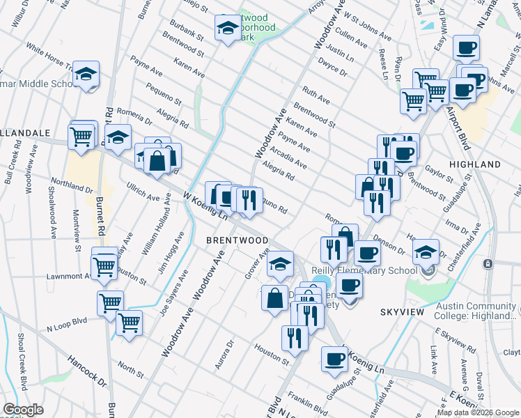 map of restaurants, bars, coffee shops, grocery stores, and more near 1213 Alguno Road in Austin