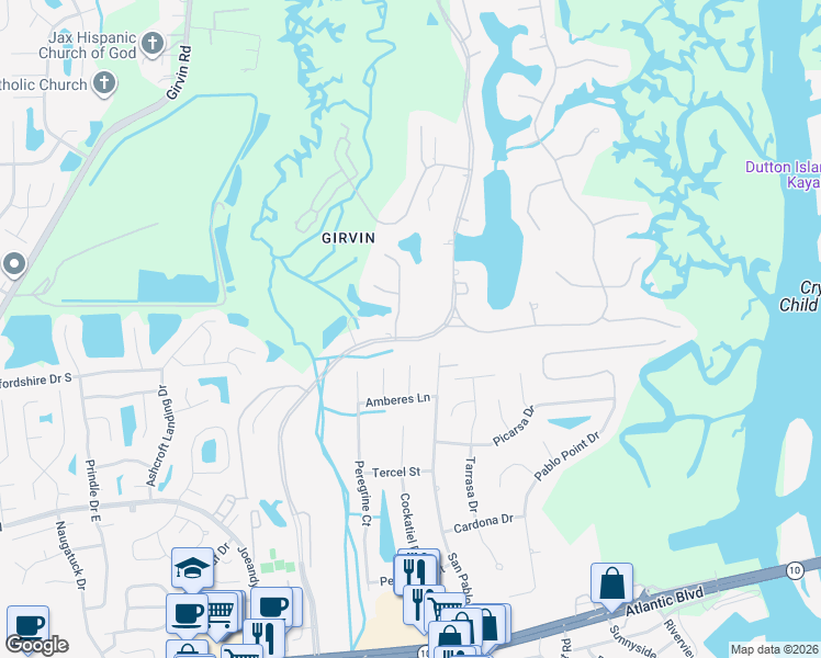 map of restaurants, bars, coffee shops, grocery stores, and more near 638 Queens Harbor Boulevard in Jacksonville