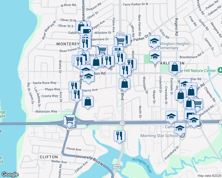 map of restaurants, bars, coffee shops, grocery stores, and more near 5860 Harris Avenue in Jacksonville