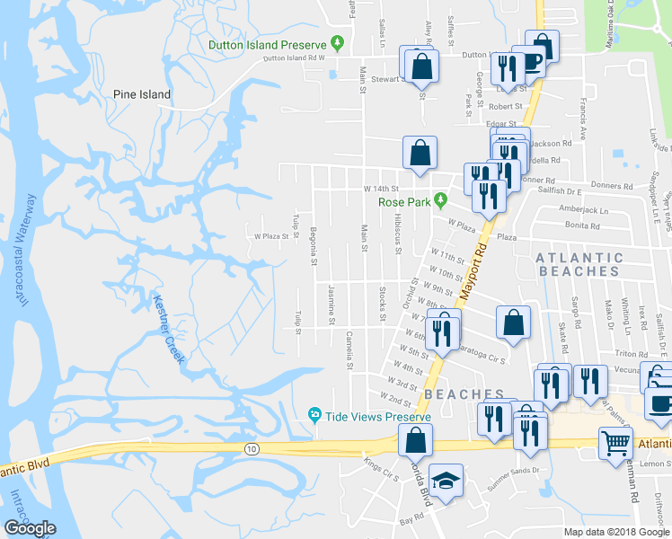 map of restaurants, bars, coffee shops, grocery stores, and more near 580 West 9th Street in Atlantic Beach