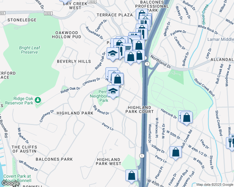 map of restaurants, bars, coffee shops, grocery stores, and more near 5000 Fairview Drive in Austin